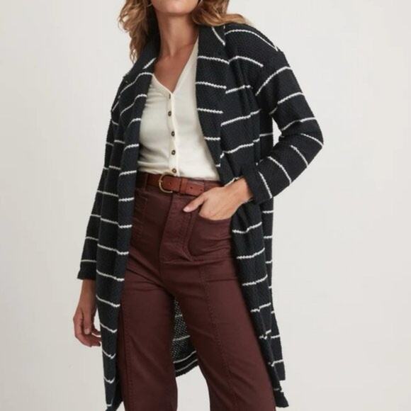 Marine Layer Sweaters - NWT Marine Layer Birdseye Coat Open Front Cardigan Black White Stripes Sz Medium